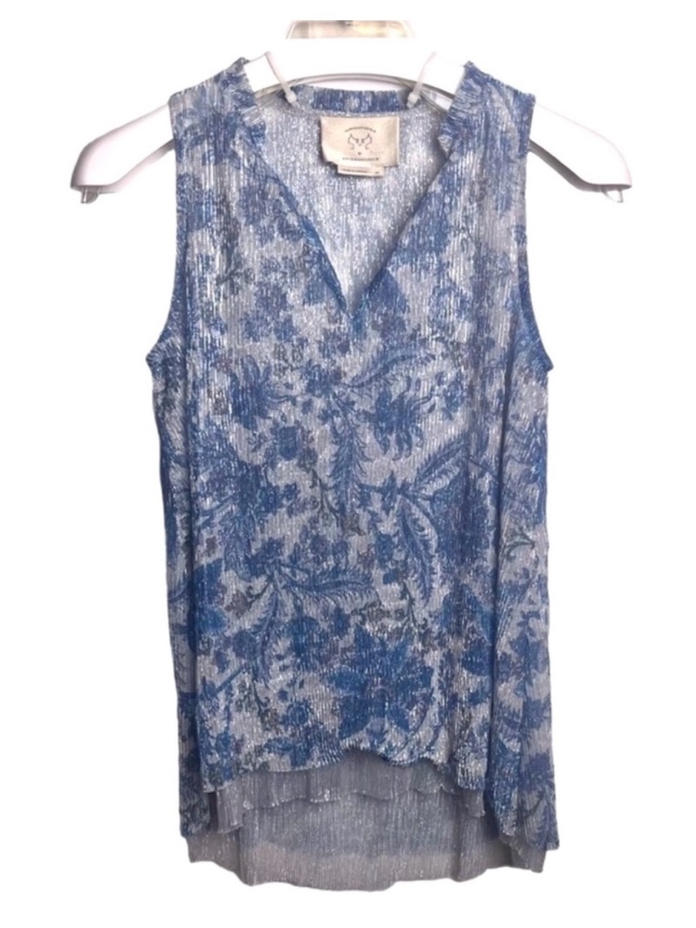 VANESSA VIRGINIA by ANTHROPOLOGIE Blue Metallic Floral Sleeveless Blouse Top XS